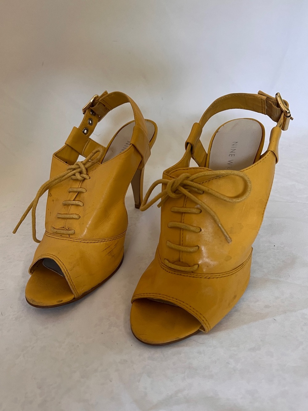 Nine West Yellow Lace-Up Peep-Toe Slingback Heels